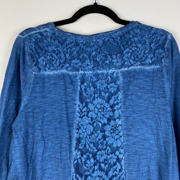 Chicos Burnout Lace Tunic Shirt 2 US Large Blue 3/4 Sleeves Floral - Picture 7 of 9